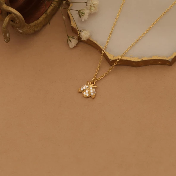 925 Ayar Gümüş Zirkon Taşlı Uğur Böceği Kolye - CNS00157 - Resim 3