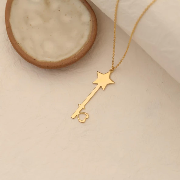 14 Ayar Altın Kaplama Yıldızlı Anahtar Figürlü Gümüş Kolye - CN00259 - Resim 3