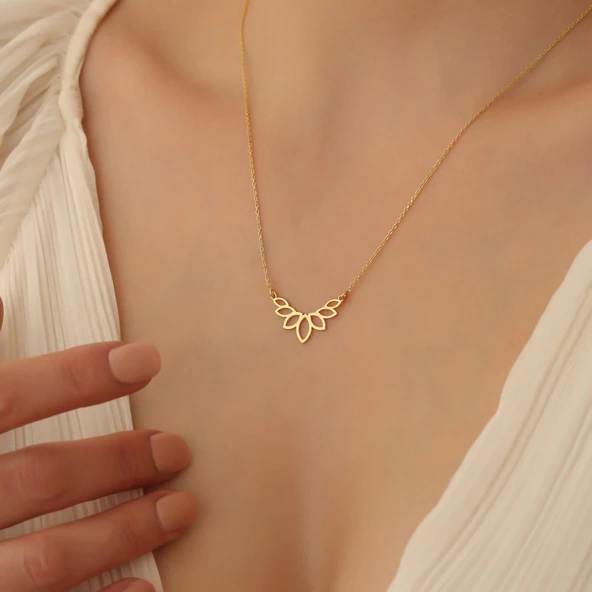 14 Ayar Altın Mikron Kaplama Lotus Çiçeği Gümüş Kolye - CN00257 - Resim 3