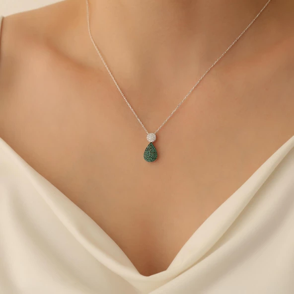 925 Ayar Gümüş Işıltılı Yeşil & Beyaz Taşlı Drop Kolye - CNS00165 - Resim 3