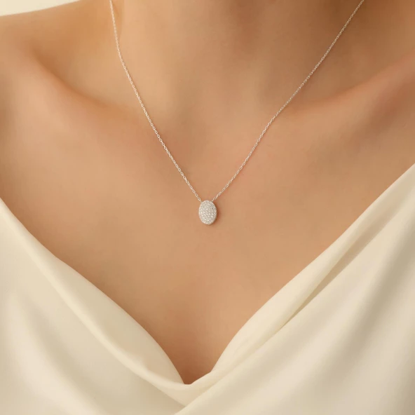 925 Ayar Gümüş Işıltılı Beyaz Taşlı Oval Kolye - CNS00162 ürün görseli 1