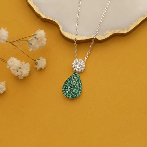 925 Ayar Gümüş Işıltılı Yeşil & Beyaz Taşlı Drop Kolye - CNS00165 - Resim 4