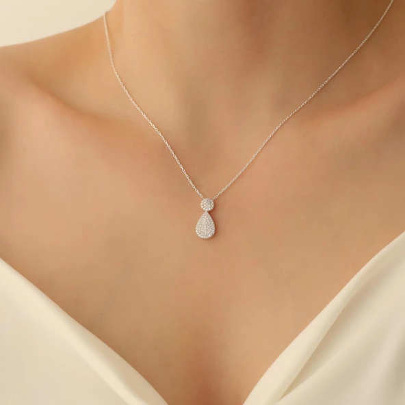 925 Ayar Gümüş Işıltılı Beyaz Taşlı Drop Kolye - CNS00164 - Resim 2