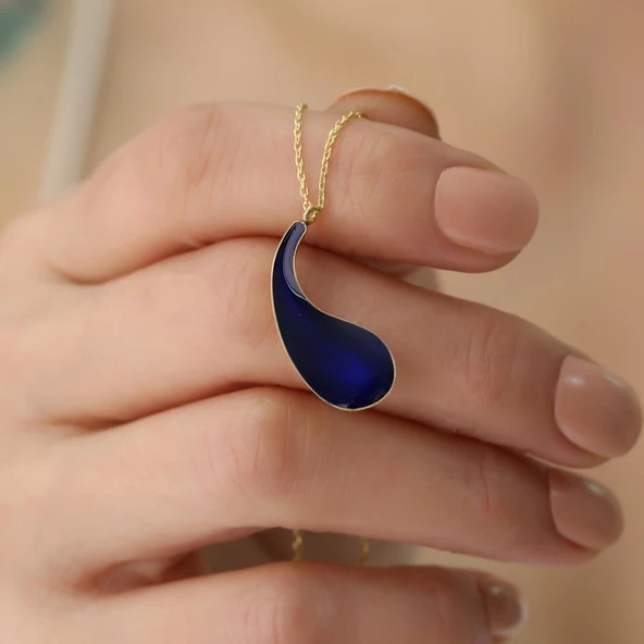 925 Ayar Gümüş Gece Mavisi Mineli Damla Kolye - CNE00116 - Resim 5