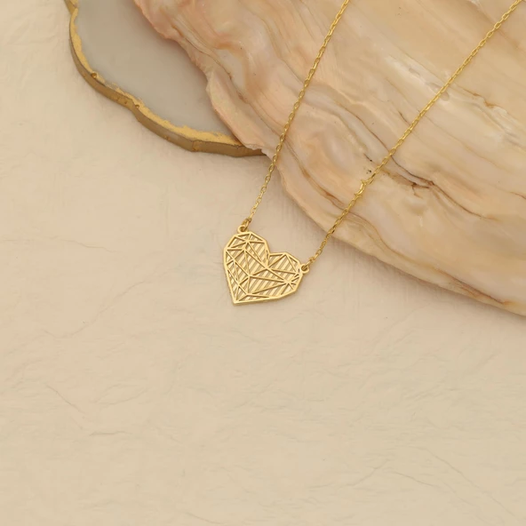 14 Ayar Altın Mikron Kaplama Modern Tasarım Geometrik Kalp Gümüş Kolye - CN00285 - Resim 2