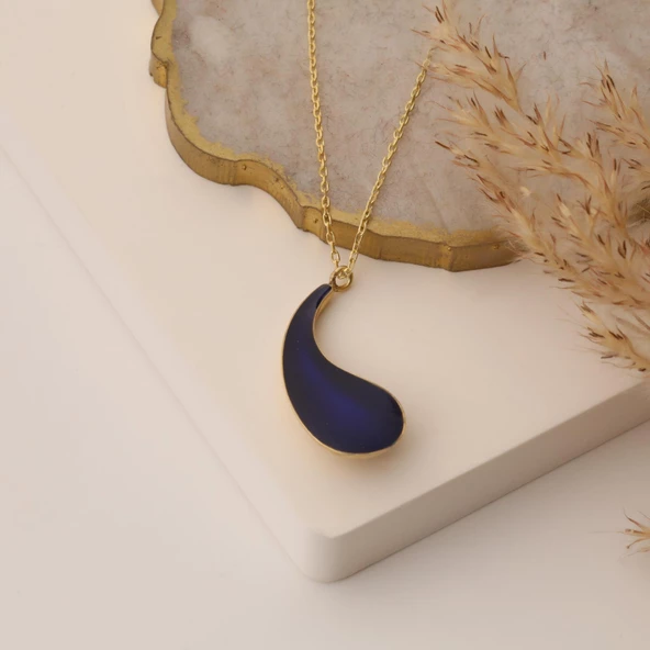 925 Ayar Gümüş Gece Mavisi Mineli Damla Kolye - CNE00116 - Resim 3