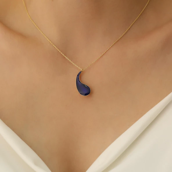 925 Ayar Gümüş Gece Mavisi Mineli Damla Kolye - CNE00116 - Resim 2