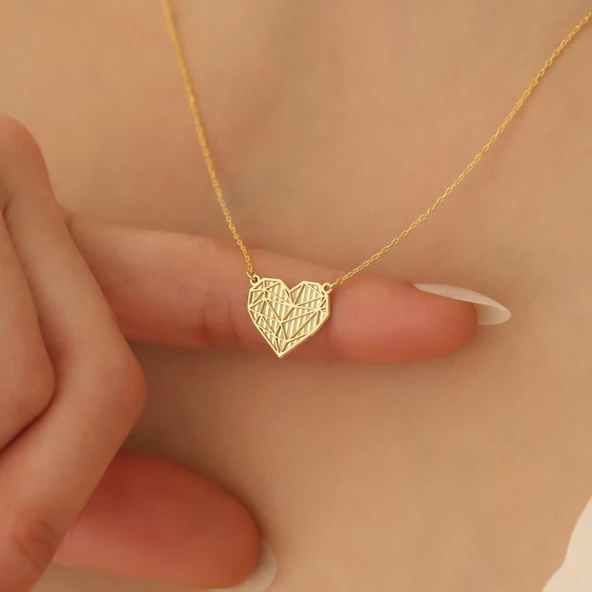 14 Ayar Altın Mikron Kaplama Modern Tasarım Geometrik Kalp Gümüş Kolye - CN00285 ürün görseli 1