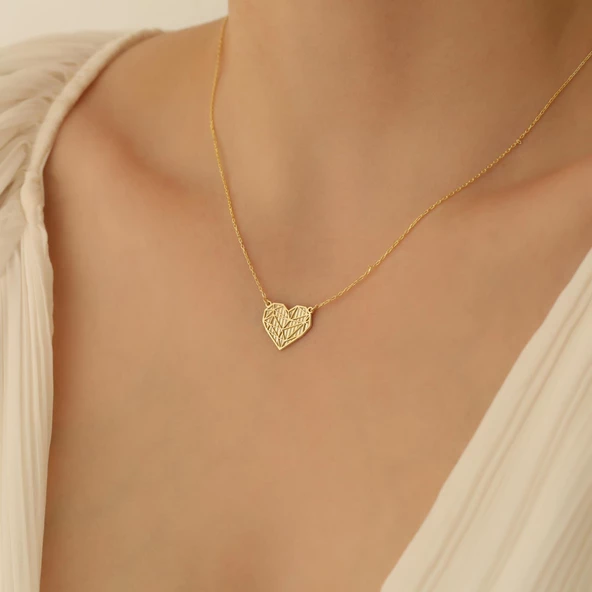 14 Ayar Altın Mikron Kaplama Modern Tasarım Geometrik Kalp Gümüş Kolye - CN00285 - Resim 3