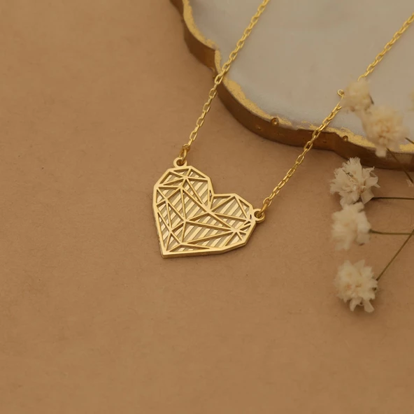 14 Ayar Altın Mikron Kaplama Modern Tasarım Geometrik Kalp Gümüş Kolye - CN00285 - Resim 5