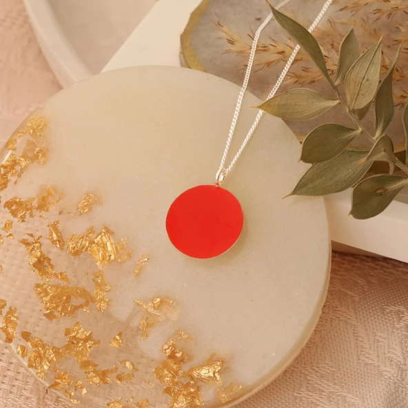 925 Ayar Gümüş Kırmızı Mineli Yuvarlak Model Kolye - CNE00125 - Resim 5