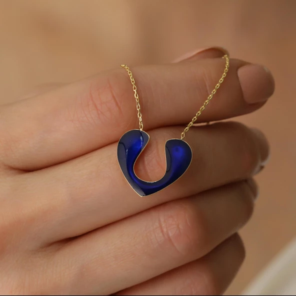 925 Ayar Gümüş Gece Mavisi Mineli Kalp Kolye - CNE00112 - Resim 3