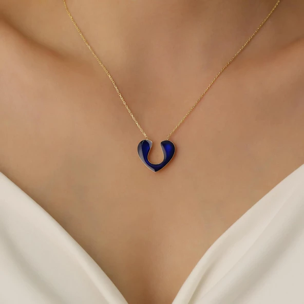 925 Ayar Gümüş Gece Mavisi Mineli Kalp Kolye - CNE00112 - Resim 2