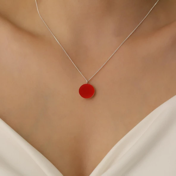 925 Ayar Gümüş Kırmızı Mineli Yuvarlak Model Kolye - CNE00125 - Resim 2