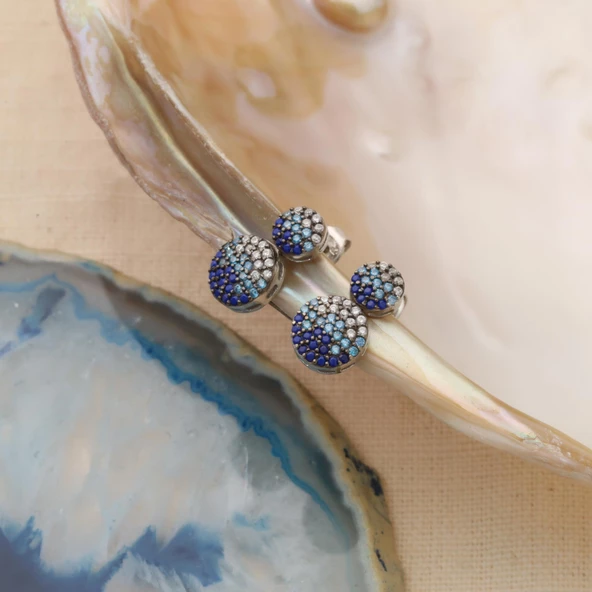 925 Ayar Gümüş İkili Oval Mavi Tonlamalı Çivi Küpe - ES00135 - Resim 4