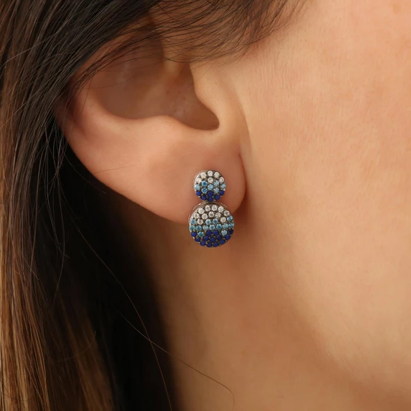 925 Ayar Gümüş İkili Oval Mavi Tonlamalı Çivi Küpe - ES00135 ürün görseli 1