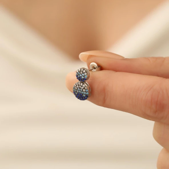 925 Ayar Gümüş İkili Oval Mavi Tonlamalı Çivi Küpe - ES00135 - Resim 5