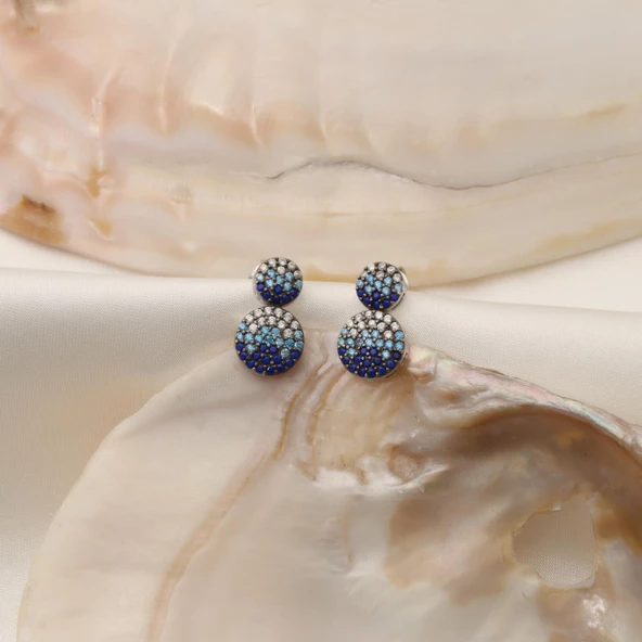 925 Ayar Gümüş İkili Oval Mavi Tonlamalı Çivi Küpe - ES00135 - Resim 2