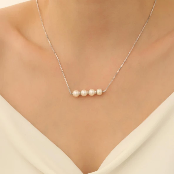 925 Ayar Gümüş Gerçek ve Doğal Tatlısu İncisi Tasarım Kolye İnci Çap:8mm CNP00105 - 3