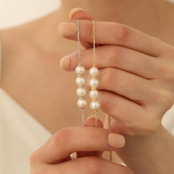 925 Ayar Gümüş Gerçek ve Doğal Tatlısu İncisi Tasarım Kolye İnci Çap:8mm CNP00105 - 5