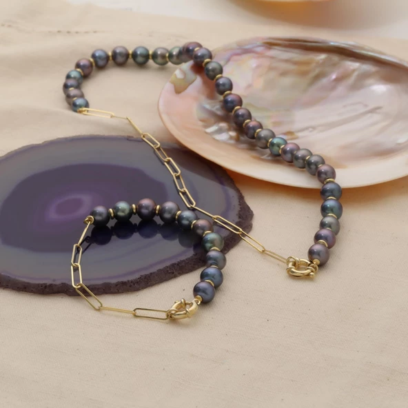 925 Ayar Gümüş Siyah Yarım Tavuskuşu İnci Yarım Zincir Set - 9.00 mm ST00103 - 2
