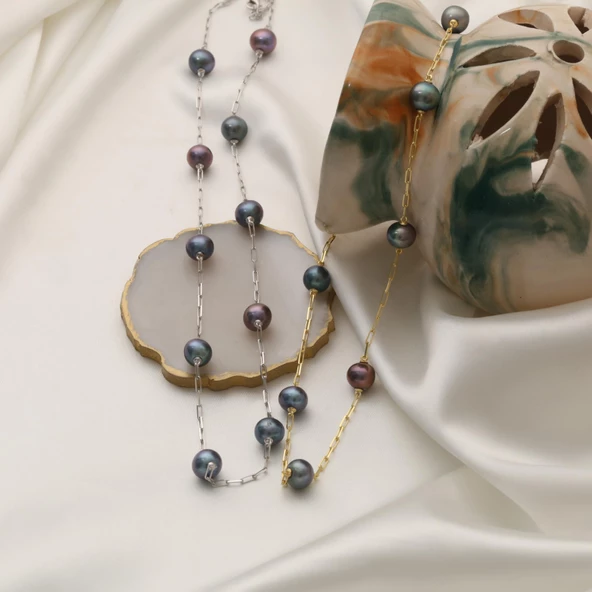 925 Ayar Gümüş Gerçek ve Doğal Tavuskuşu Rengi Tatlısu İnci Kolye Çap:9mm - CNP00113 - Resim 4