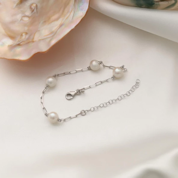 925 Ayar Gümüş Doğal ve Gerçek Tatlısu İncisi Bileklik Çap:6mm - CBP00127 - 5