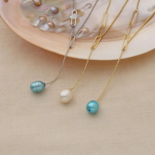 925 Ayar Gümüş Gerçek Doğal Mavi Tatlısu İncisi Kolye Çap:8mm - CNP00120 - Resim 4