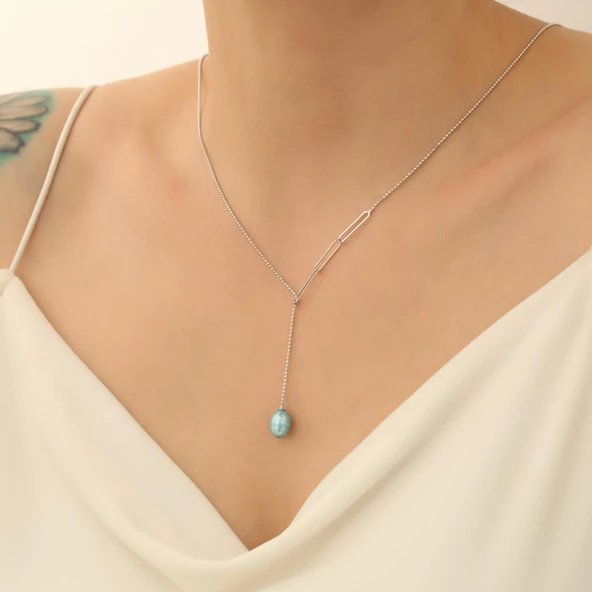 925 Ayar Gümüş Gerçek Doğal Mavi Tatlısu İncisi Kolye Çap:8mm - CNP00120 - Resim 2