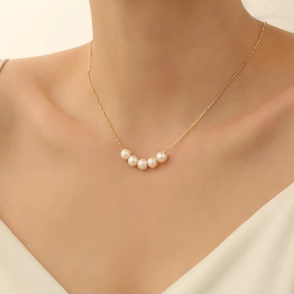 925 Ayar Gümüş Gerçek ve Doğal  Tatlısu İncisi Kolye Çap:8mm - CNP00108 - Resim 3