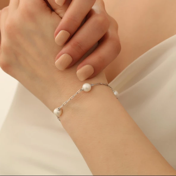 925 Ayar Gümüş Doğal ve Gerçek Kültür İnci Bileklik Çap:8mm - CBP00129 - 2