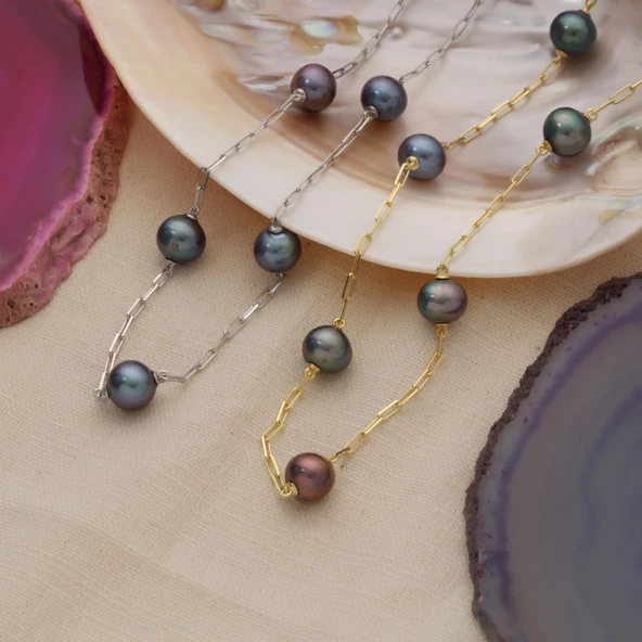 925 Ayar Gümüş Gerçek ve Doğal Tavuskuşu Rengi Tatlısu İnci Kolye Çap:9mm - CNP00113 - Resim 3