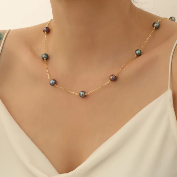 925 Ayar Gümüş Gerçek ve Doğal Tavuskuşu Rengi Tatlısu İnci Kolye Çap:9mm - CNP00113 - Resim 2