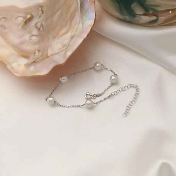 925 Ayar Gümüş Gerçek ve Doğal Kültür İncisi Bileklik Çap:6mm - CBP00131 - 4