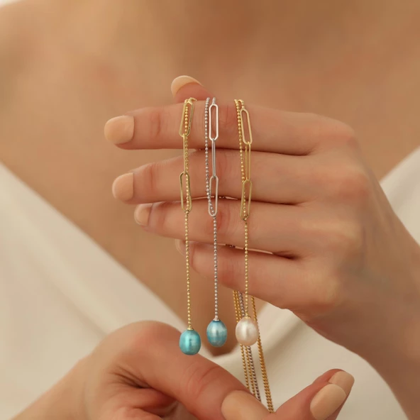 925 Ayar Gümüş Gerçek Doğal Mavi Tatlısu İncisi Kolye Çap:8mm - CNP00120 - Resim 5