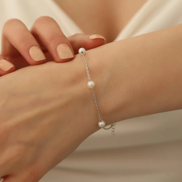 925 Ayar Gümüş Gerçek ve Doğal Tatlısu İncisi Bileklik Çap:6mm - CBP00122