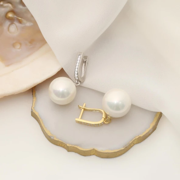 925 Ayar Gümüş Gerçek ve Doğal Tatlısu İncisi Taşlı Küpe Çap:14mm - EP00104 - Resim 3