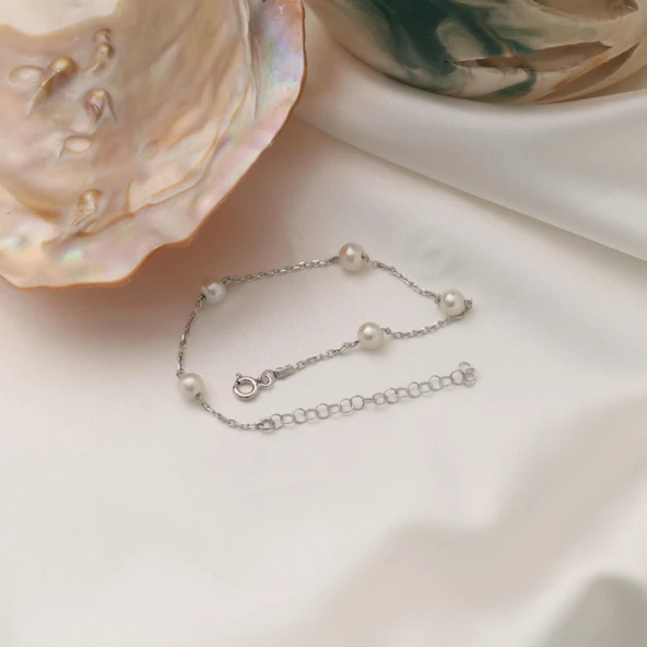 925 Ayar Gümüş Gerçek ve Doğal Tatlısu İncisi Bileklik Çap:6mm - CBP00122 - 4