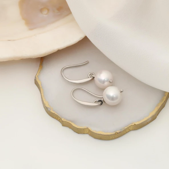 925 Ayar Gümüş Gerçek ve Doğal Kültür İncisi Küpe Çap:9mm EP00106 - Resim 3