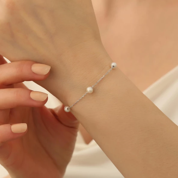 925 Ayar Gümüş Gerçek ve Doğal Tatlısu İncisi Bileklik Çap:6mm - CBP00122 - 2