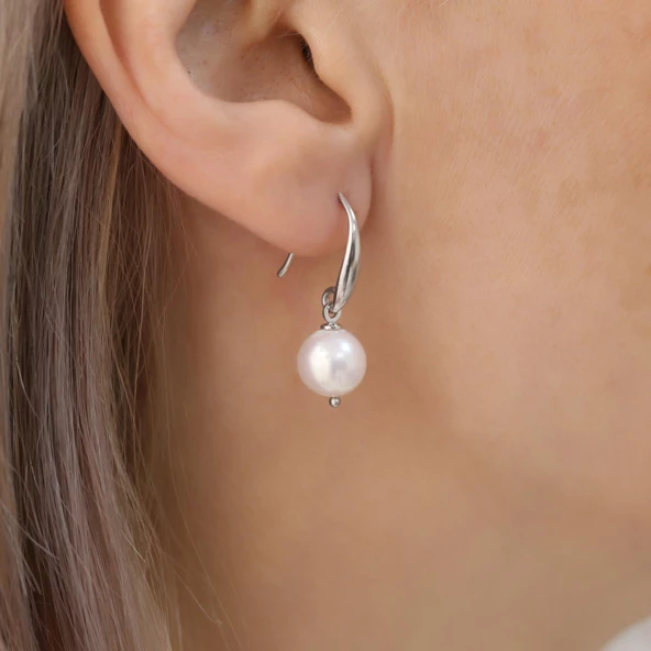 925 Ayar Gümüş Gerçek ve Doğal Kültür İncisi Küpe Çap:9mm EP00106 - Resim 2