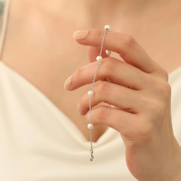 925 Ayar Gümüş Gerçek ve Doğal Tatlısu İncisi Bileklik Çap:6mm - CBP00122 - 5