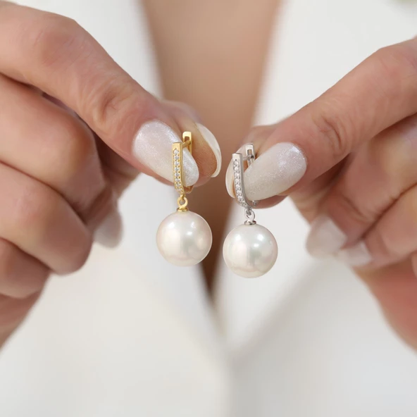 925 Ayar Gümüş Gerçek ve Doğal Tatlısu İncisi Taşlı Küpe Çap:14mm - EP00104 - Resim 5