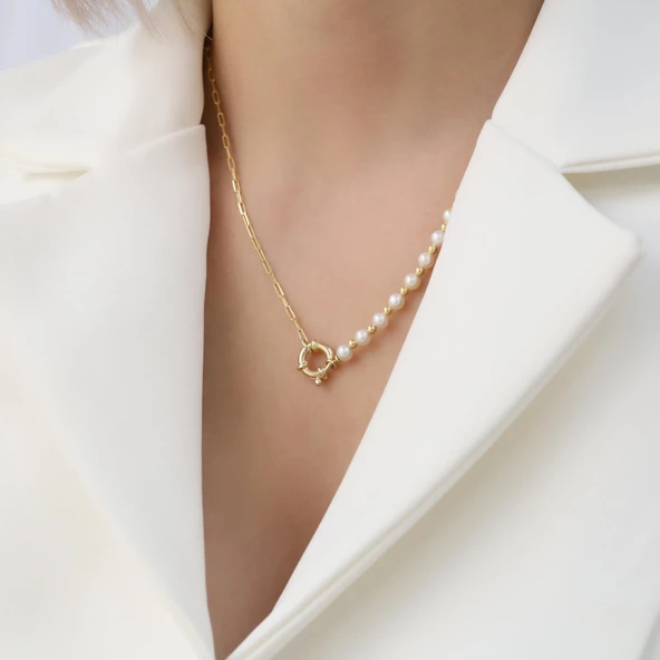 925 Ayar GümüşGerçek ve Doğal Tatlısu İnci Yarı Zicir Kolye Çap:6mm CNP00120 - Resim 2