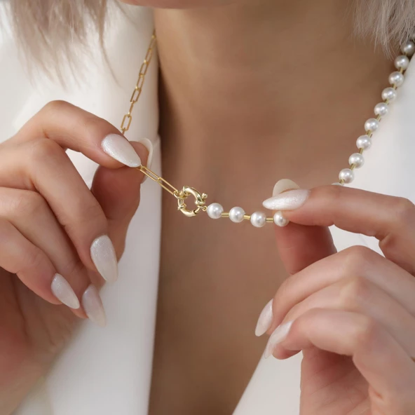 925 Ayar Gümüş Gerçek ve Doğal Tatlısu İnci Yarı Ataç Zincir Kolye Çap:6mm - CNP00119 - Resim 3