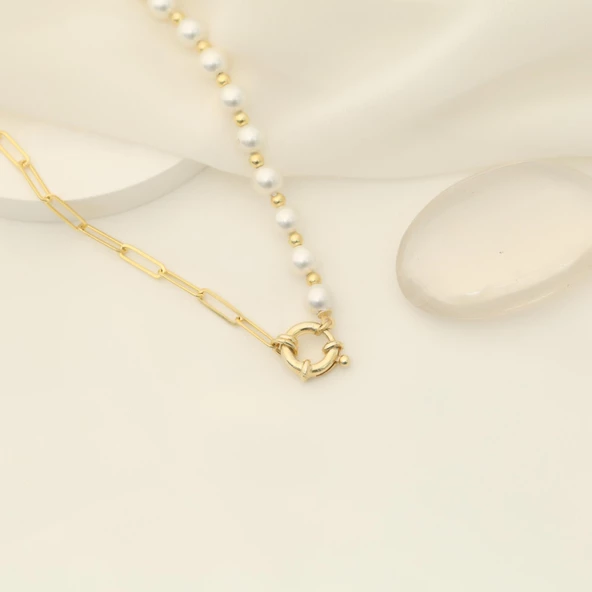 925 Ayar GümüşGerçek ve Doğal Tatlısu İnci Yarı Zicir Kolye Çap:6mm CNP00120 - Resim 3