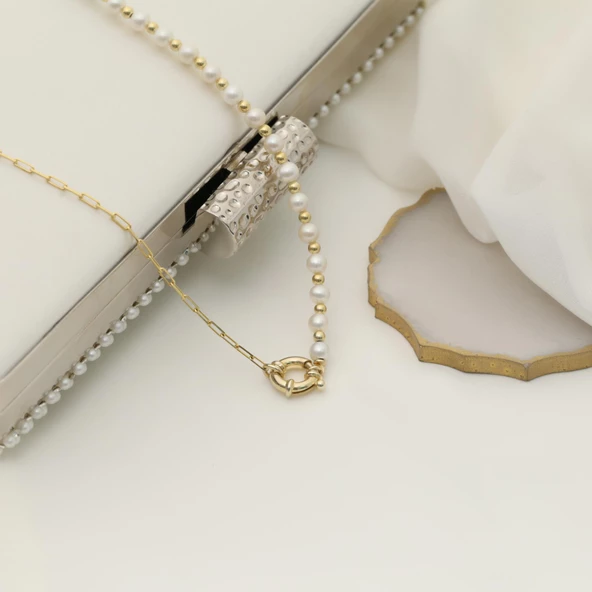 925 Ayar GümüşGerçek ve Doğal Tatlısu İnci Yarı Zicir Kolye Çap:6mm CNP00120 - Resim 4