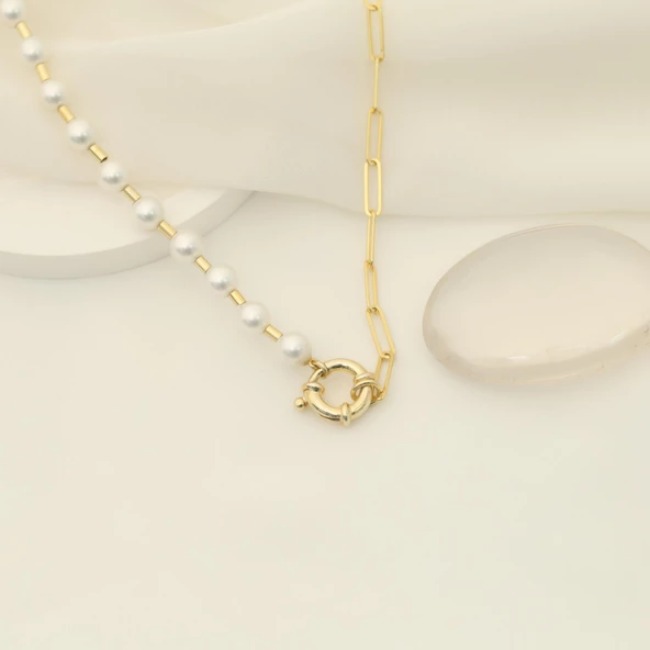 925 Ayar Gümüş Gerçek ve Doğal Tatlısu İnci Yarı Ataç Zincir Kolye Çap:6mm - CNP00119 - Resim 4