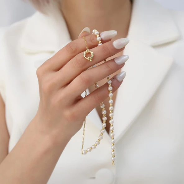 925 Ayar GümüşGerçek ve Doğal Tatlısu İnci Yarı Zicir Kolye Çap:6mm CNP00120 - Resim 5