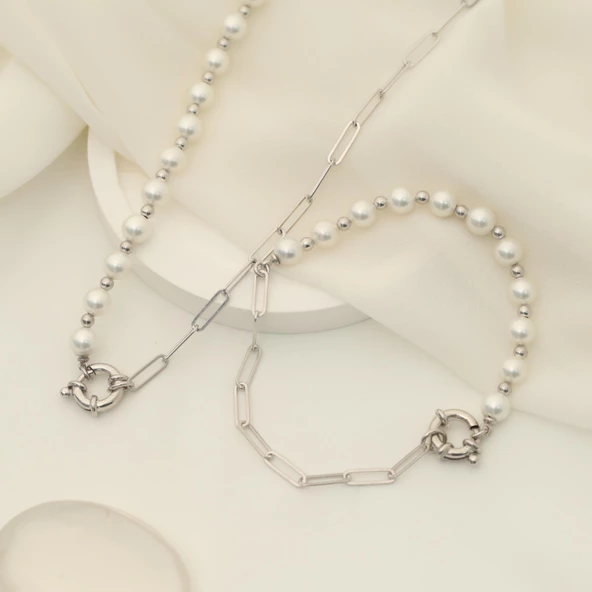 925 Ayar Gümüş Gerçek ve Doğal Kültür İnci Yarı Zincir Kolye Çap:7mm CNP00135 - 2